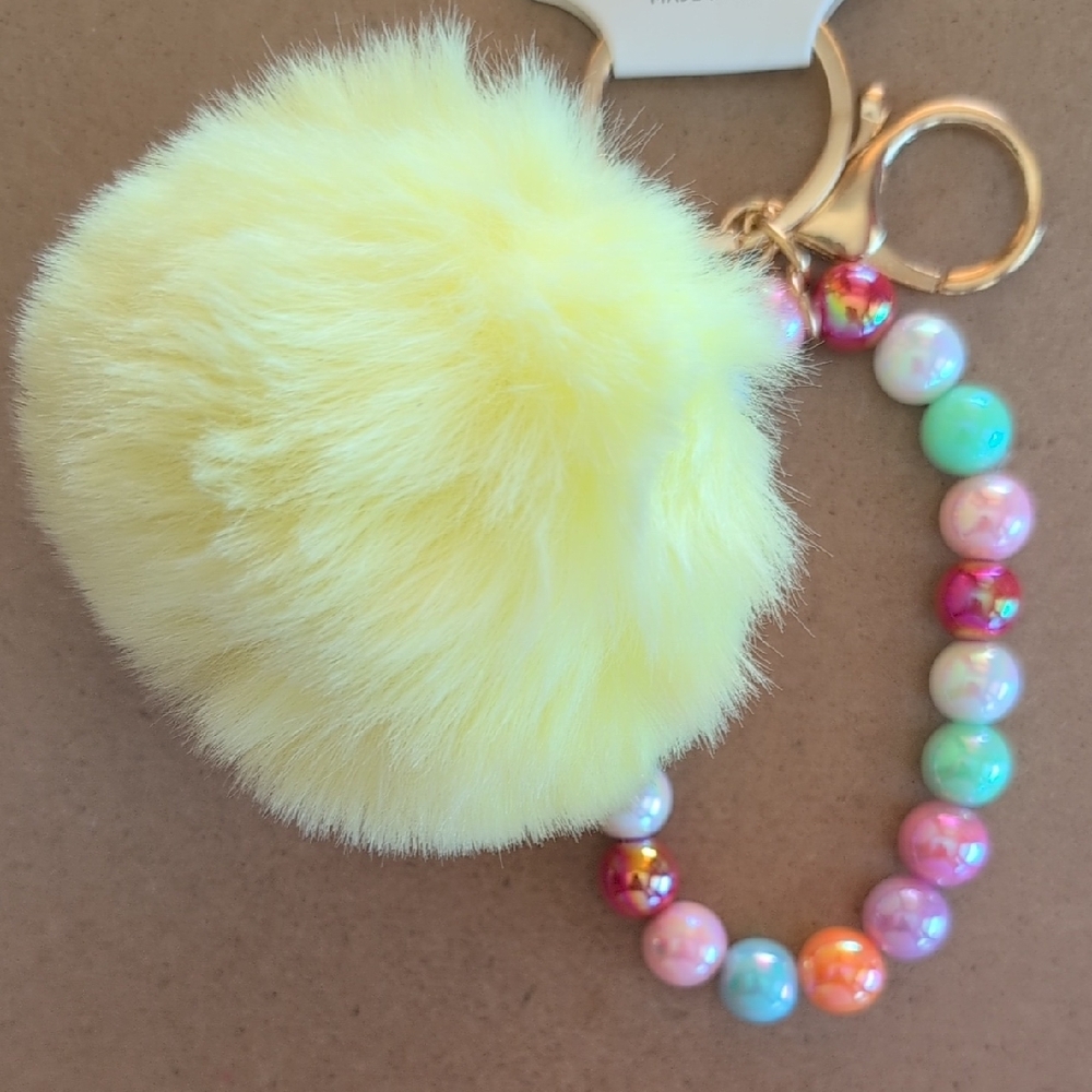 Yellow Fluffy Pom Pom Bag Charm with Beaded Strand